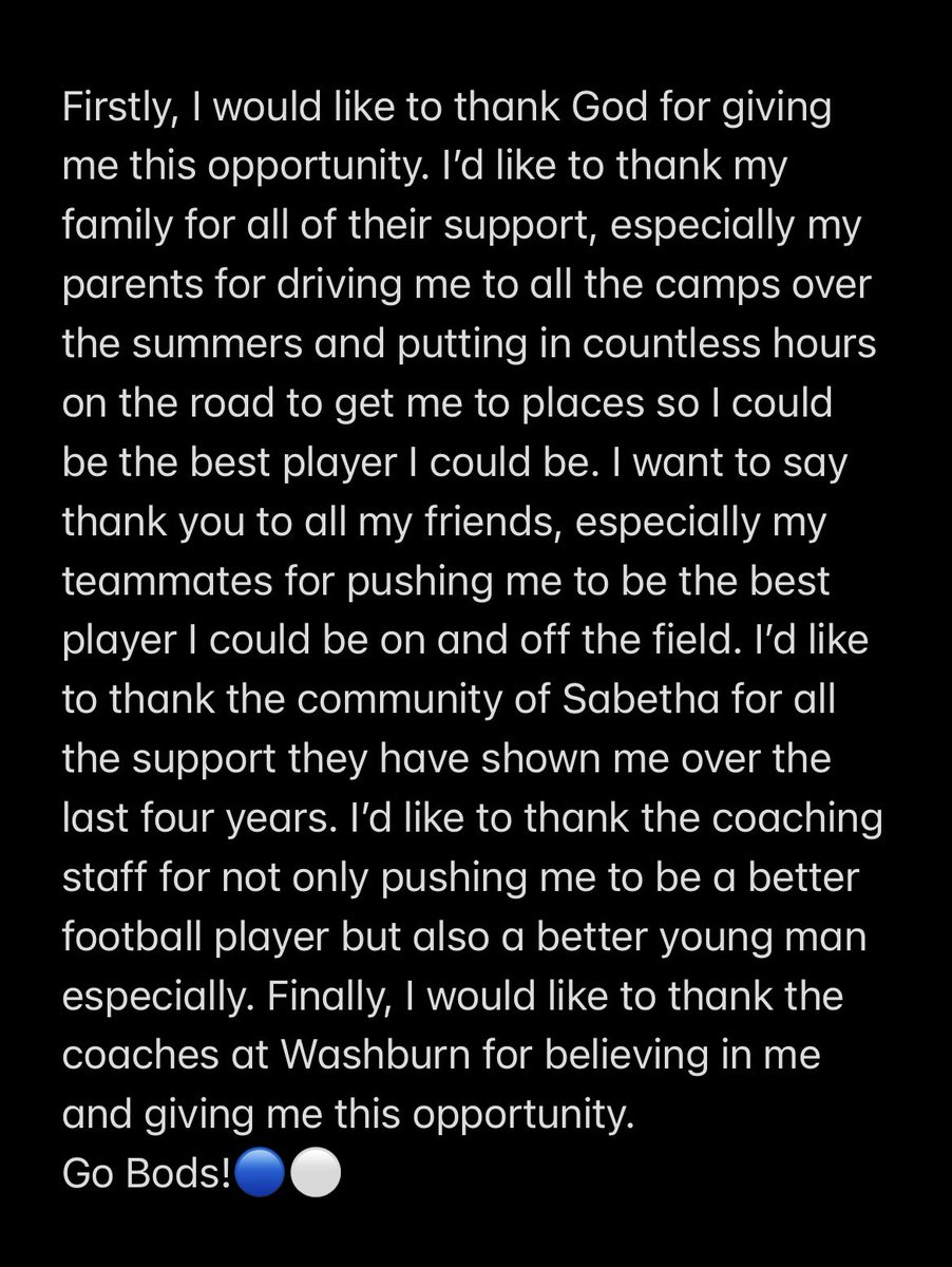 Joshua_Grimm75's tweet photo. Blessed to announce that I will be continuing my academic and athletic career at Washburn University!! Go Bods!!🔵⚪️ https://t.co/YynQJbWsVL