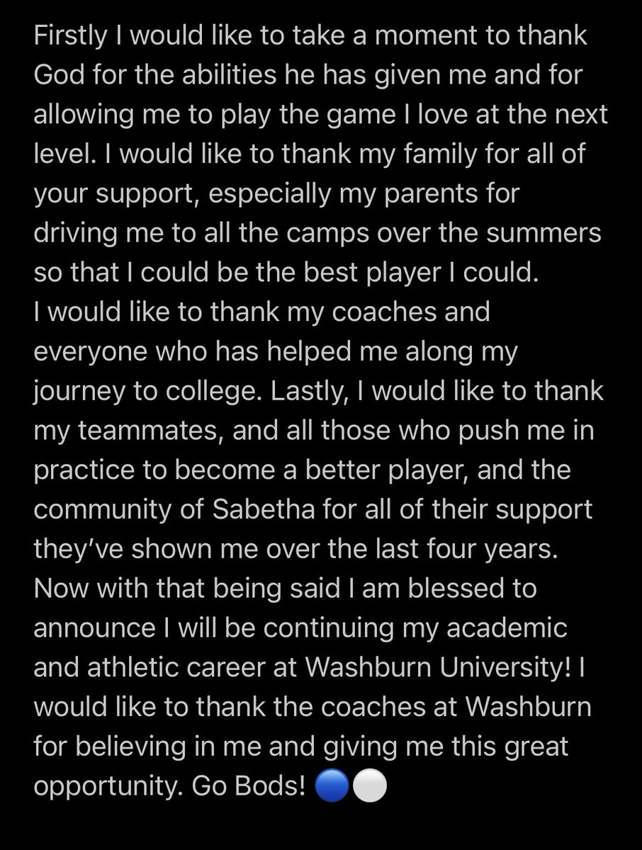 JacobGrimm78's tweet photo. Blessed to announce that I will be continuing my academic and athletic career at Washburn University!! Let’s Work! 🔵⚪️ https://t.co/3VNNdl9Wqs