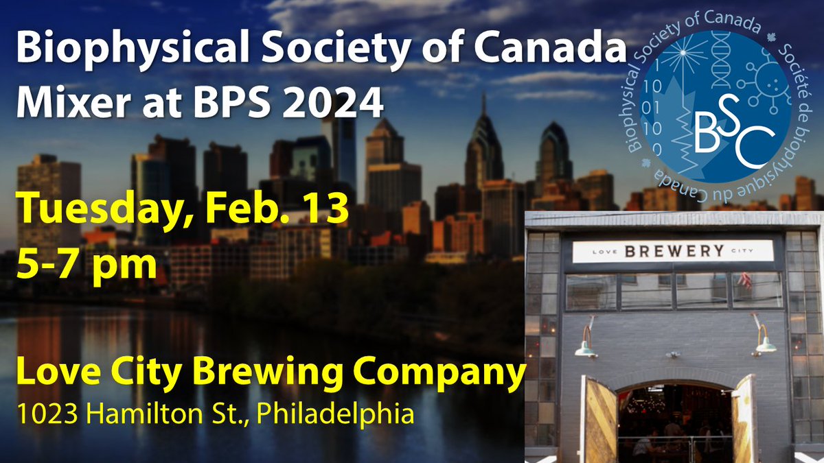 Mark your calendar - the Biophysical Society of Canada 🇨🇦 Mixer at the #BPS2024 meeting will take place on Tuesday, Feb. 13, from 5-7 pm at Love City Brewing Company <a href="/lovecitybrewing/">Love City Brewing Co</a>. See you there!!