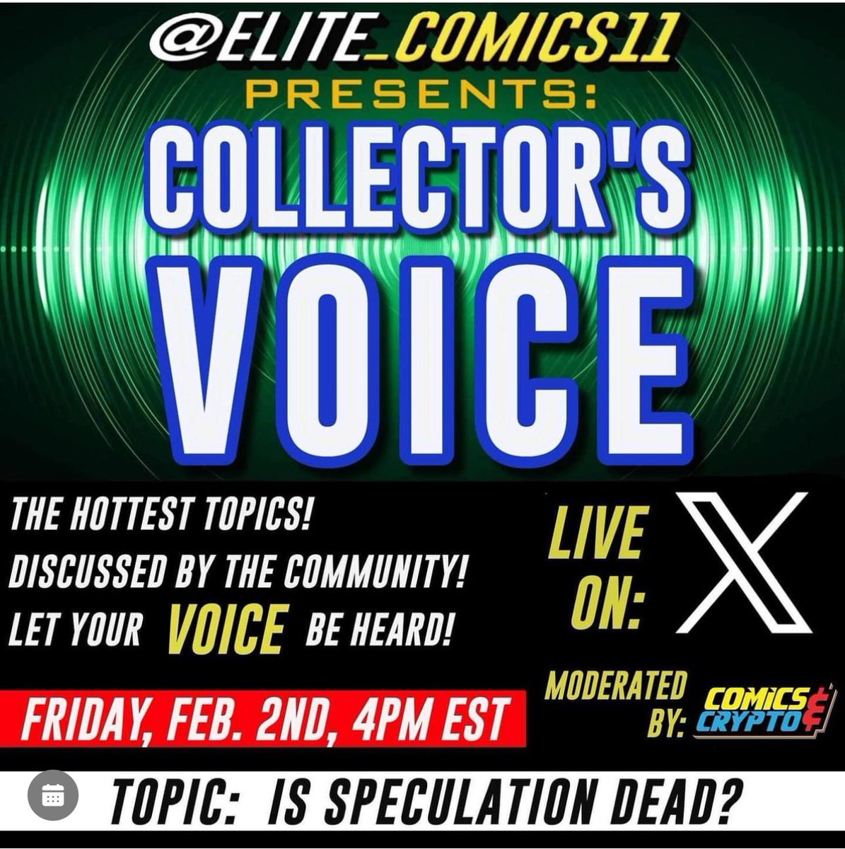 Comics & Crypto (@comicsandcrypto) on Twitter photo 🚨Collector’s Voice Twitter Space🚨
We are excited to announce that we’ll be moderating a bi-weekly Twitter space, “Collector’s Voice” with <a href="/elite_comics11/">Elite_Comics11 ⭕️</a> to discuss physical collectibles! Join us TOMORROW at 1pm PST with <a href="/elite_comics11/">Elite_Comics11 ⭕️</a> to discuss our first topic, “Is 🚨Collector’s Voice Twitter Space🚨
We are excited to announce that we’ll be moderating a bi-weekly Twitter space, “Collector’s Voice” with <a href="/elite_comics11/">Elite_Comics11 ⭕️</a> to discuss physical collectibles! Join us TOMORROW at 1pm PST with <a href="/elite_comics11/">Elite_Comics11 ⭕️</a> to discuss our first topic, “Is