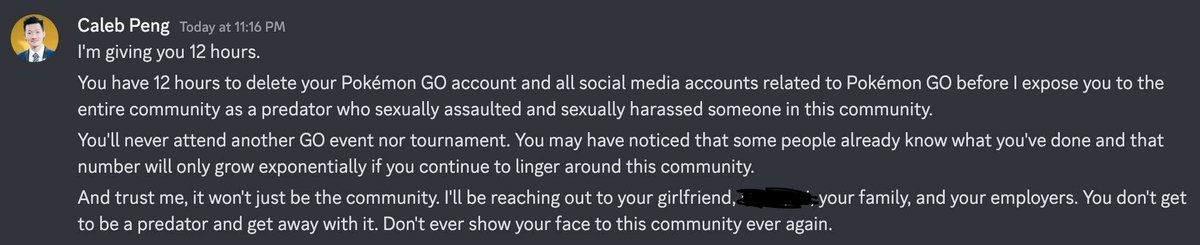 AragornIsMyKing's tweet image. I think the time has come to share this. This is a DM from an official Pokemon Go caster that was sent to a member of the community. Or rather, who was in the community.
Whether or not Caleb's accusations are true or false, this is simply an awful way to go about dealing with…