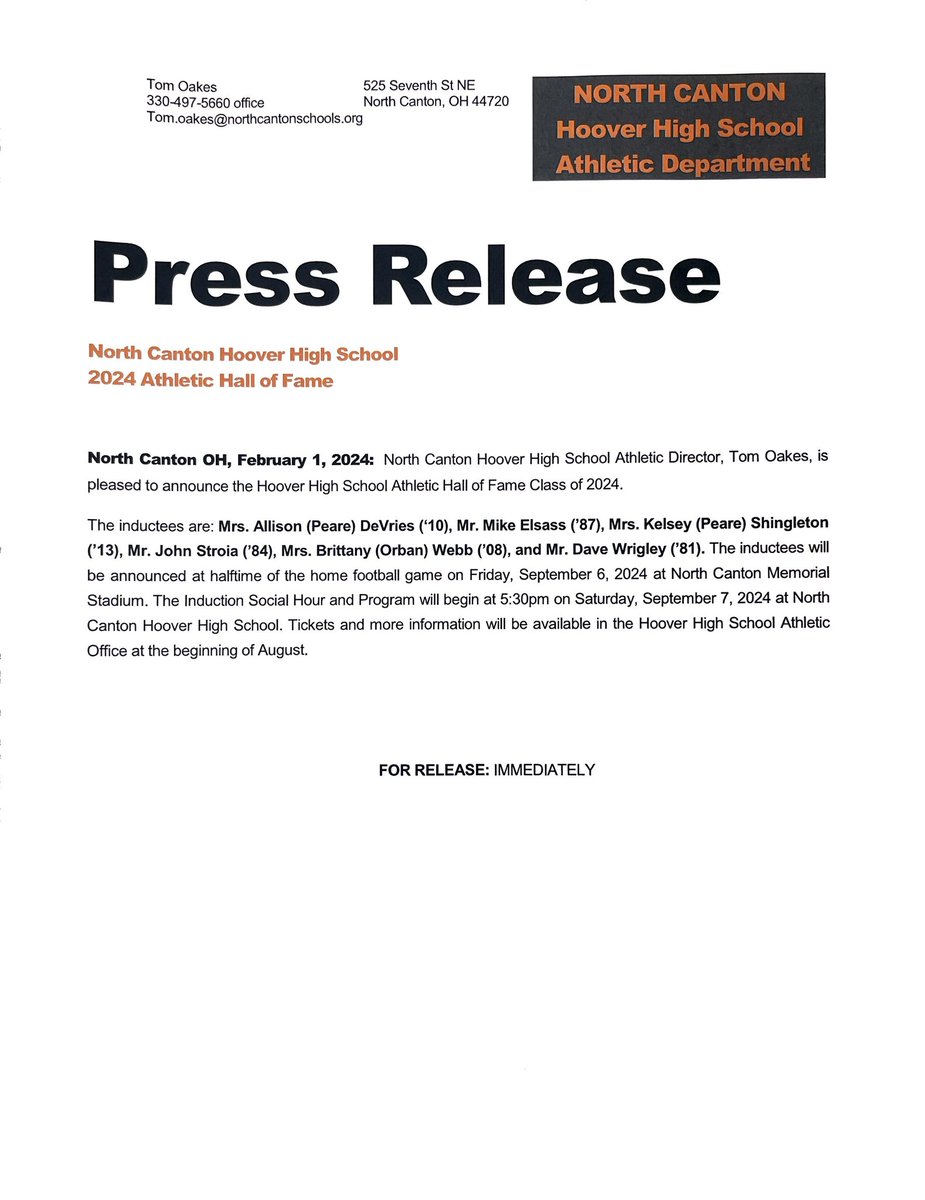 nchoovervikings's tweet photo. Congratulations to the following individuals selected for our 2024 Hoover Athletic Hall of Fame:

Allison (Peare) DeVries
Mike Elsass
Kelsey (Peare) Shingleton
John Stroia
Brittany (Orban) Webb
Dave Wrigley 

We look forward to your induction ceremony in September. 

#GoVikings https://t.co/cRC3YqplWk