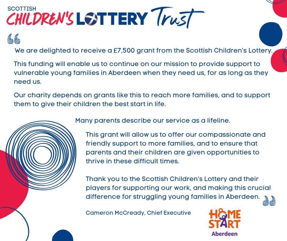 @homestartabdn received a grant award of £7,500 to support the brilliant work they carry out in their community. We are delighted to be able to help.

@SC_Lottery #whatarethechances #scotland #charityfunding