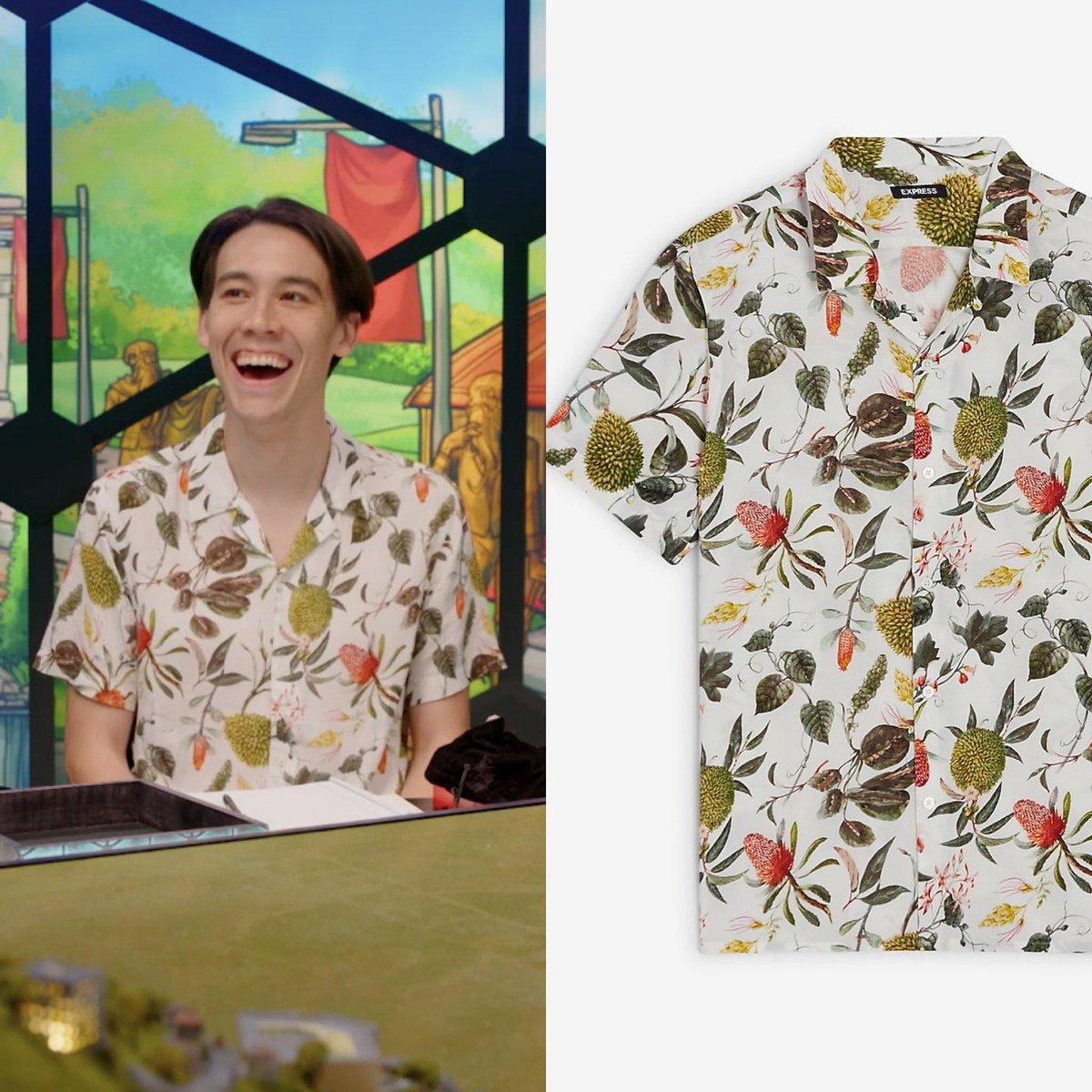 d20closet's tweet photo. zac wore the "plant print rayon short sleeve shirt" in chalk 134 by express on episode 4 of fantasy high: junior year. the shirt is $44.99 ($22.49 if you buy online only for a limited time!) and available in sizes XS-XL. #dimension20 #fantasyhigh #fhjy https://t.co/qCgIG2AGhp