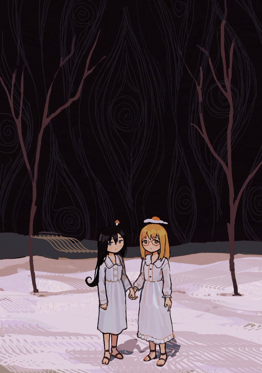 multiple girls 2girls black hair blonde hair dress holding hands long hair  illustration images