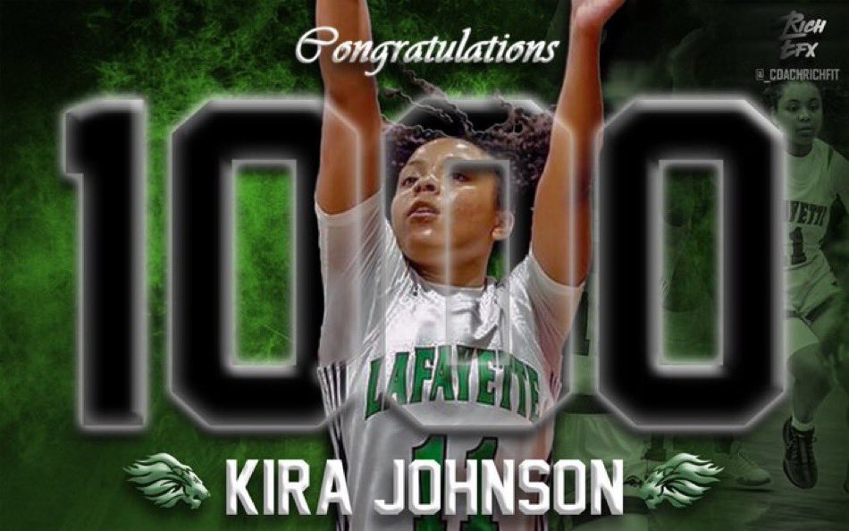 Congratulations to Kira Johnson, 2025, Lafayette High School on scoring 1000 points! Kira is an unsigned junior with multiple D1 offers.
