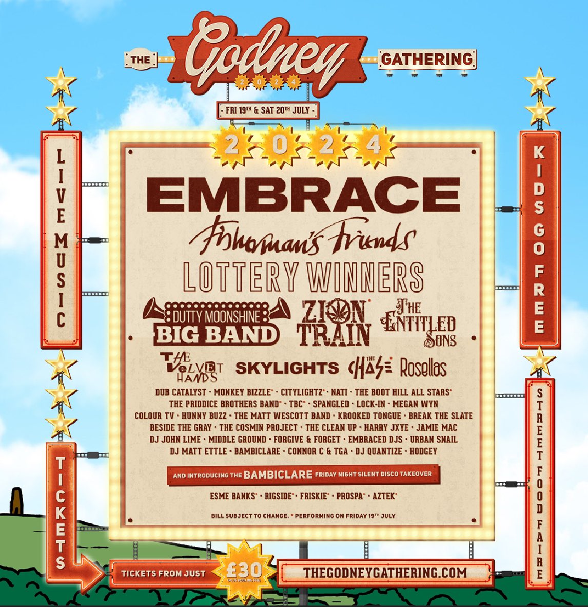 🚨📣 HERE IT IS YOUR 2024 LINE UP📣🚨 Headlining the Saturday @embrace also playing @DuttyMoonshine @LotteryWinners @SkylightsYRA @NatiDreddd @EntitledSons and @Fishy_Friends Friday headliners @ziontrainindub Plus the new @This_Feeling second stage And lots more 🎸🥁🤩