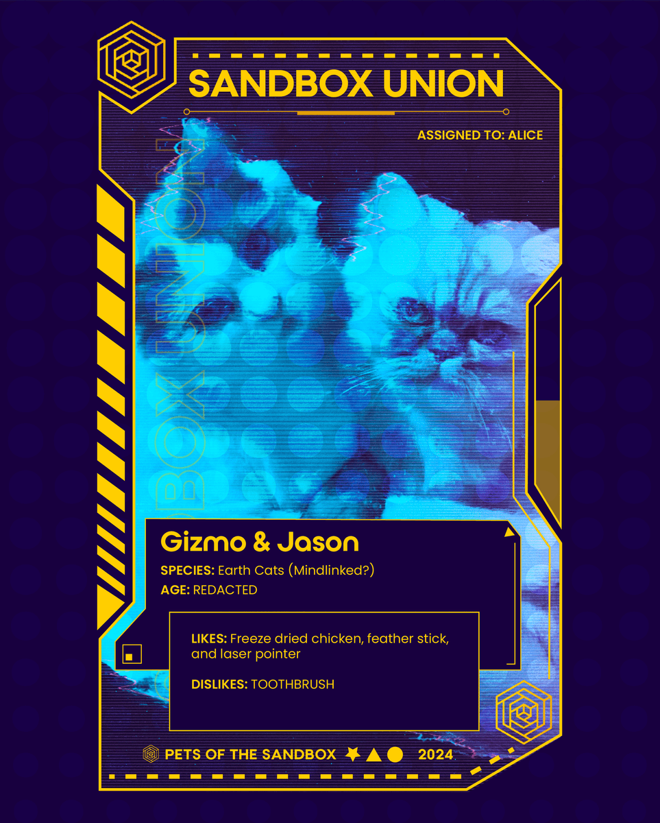 SandBoxUnion's tweet photo. Introducing the Pets of the Sandbox!  Meet Gizmo &amp; Jason!
Stay tuned for more pets! 
#pets #cats #scifi #SBU  #cyberpunk #spotlight https://t.co/RknWuyNqhL