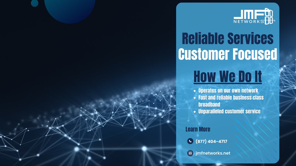 jmf_solutions's tweet image. Reliable Services – Customer Focused

How We Do It

JMF operates its own network which means you stay connected to fast and reliable business class broadband and receive unparalleled customer service from an award-winning tech team.

Learn more about us at jmfsnetworks.net