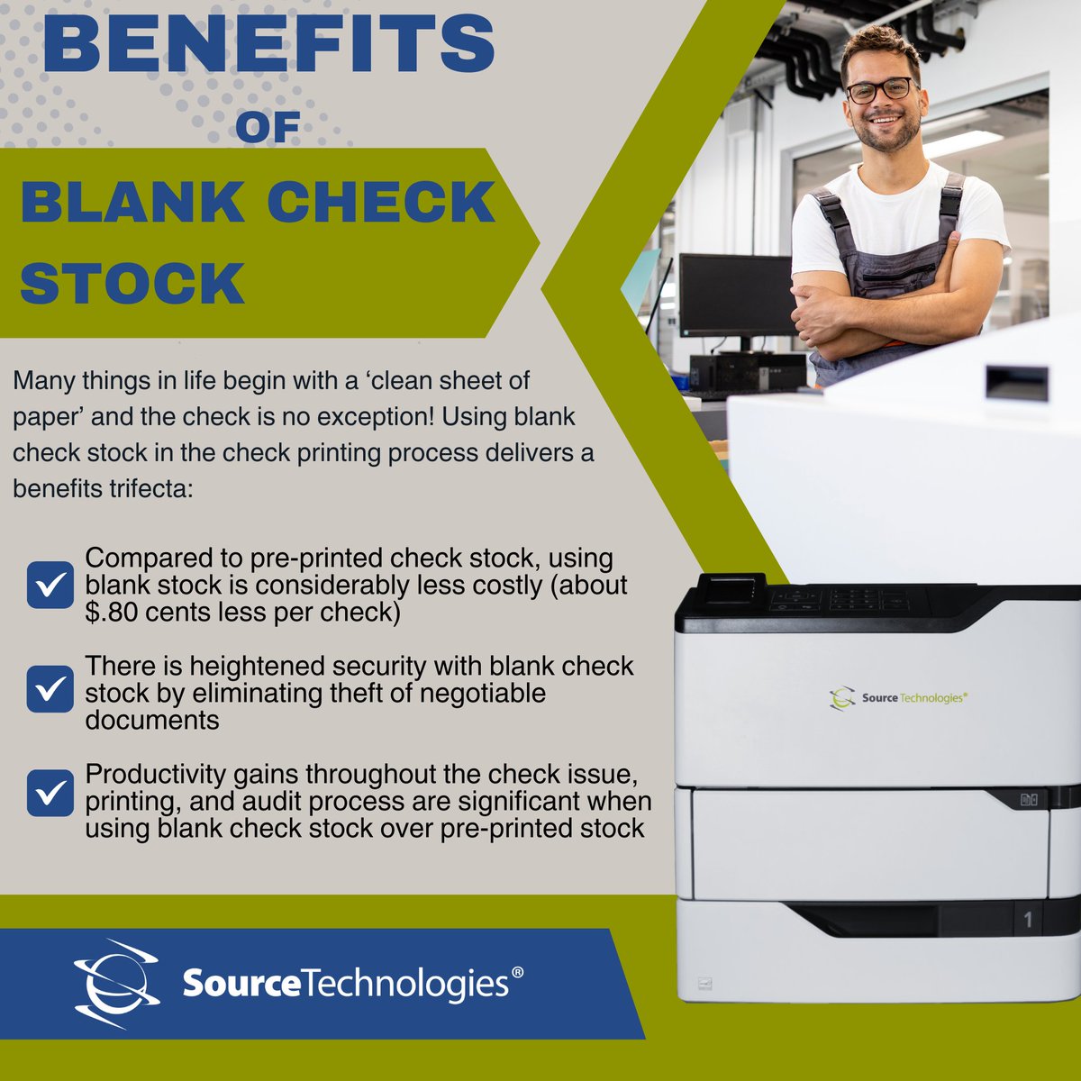 SourceTechnolo4's tweet image. Many things in life begin with a ‘clean sheet of paper’ and the check is no exception! Using blank check stock in the check printing process delivers a benefits trifecta. #MICR #SourceTechnologies #CheckPrinting