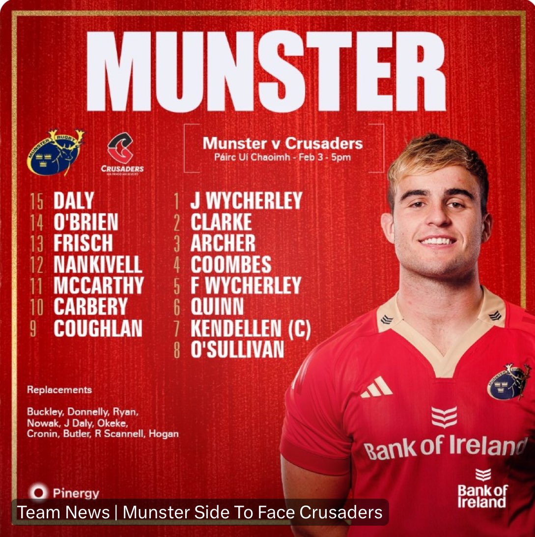 Kendo as captain
Ruadhan Quinn and Daniel Okeke involved
Joey back to start
Debuts for Kamil Novak and Colm Hogan

Very very nice

It’s the Clash of CHAMPIONS

BRING IT ON!!!

#MUNvCRU