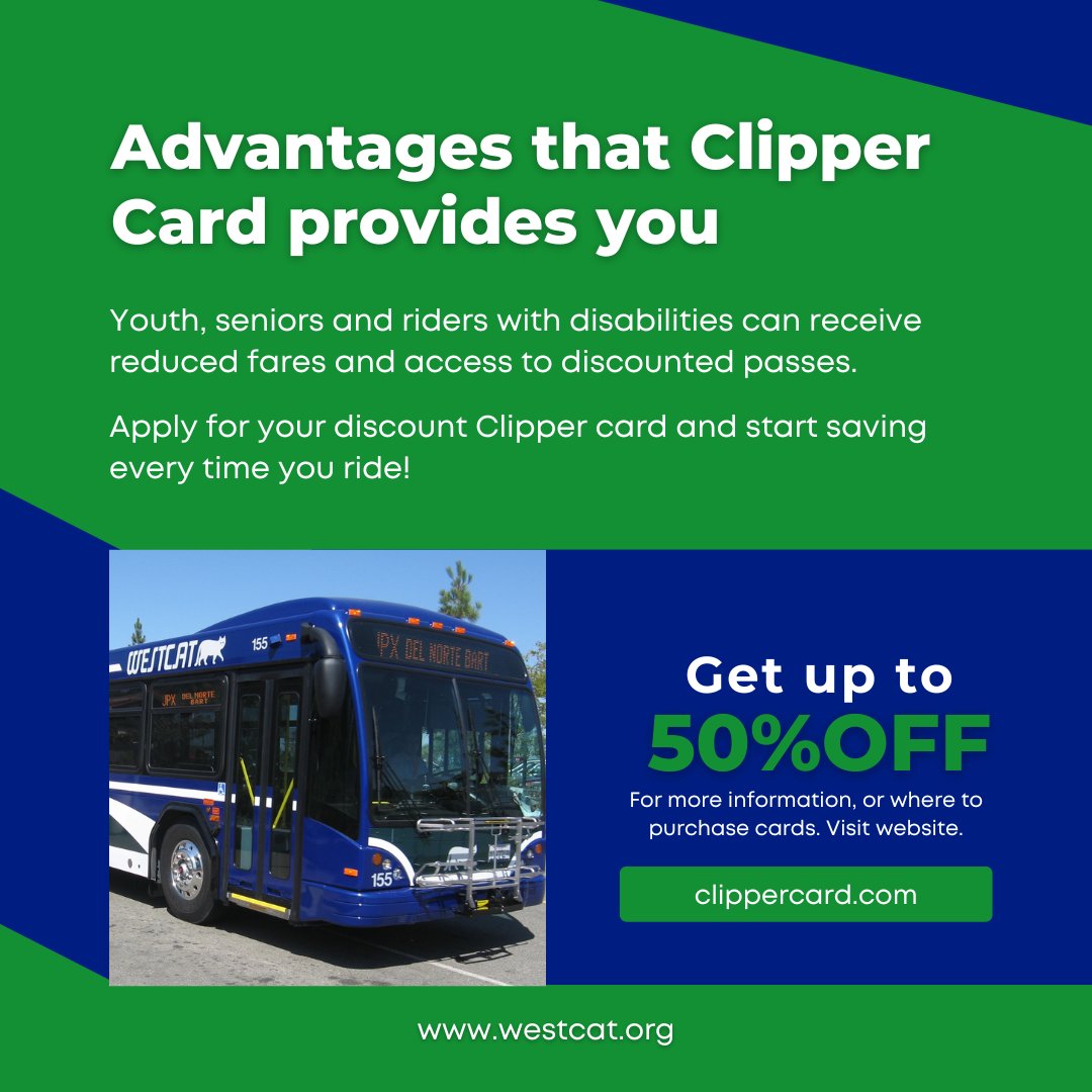 WCCTA's tweet image. 🌟💳 Save Big on Transit! Youth, seniors, and riders with disabilities, get up to 50% off with our Clipper Card discounts. Apply now for convenient, discounted rides every time you travel! 🚍💰 

#ClipperSavings #SmartTransit #DiscountsOnTheGo