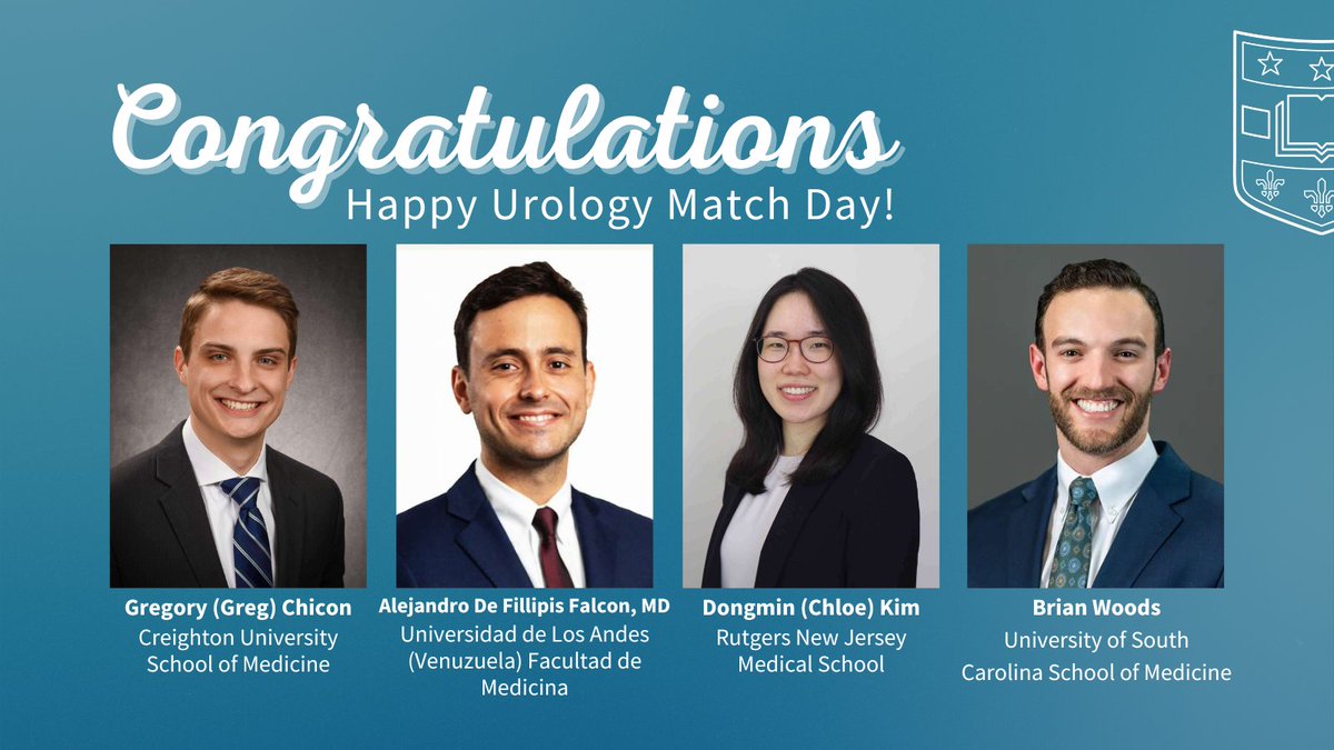 WashU Medicine Division of Urology (@washu_uro) on Twitter photo We are so thrilled to announce our matches for the 2024 #UroMatch! Congratulations to Greg Chicon (<a href="/MediGreg/">Greg Cichon</a>, <a href="/CreightonSOM/">CreightonSOM</a>), Alejandro De Fillipis Falcon, MD (<a href="/ULA_Venezuela/">Univ. de Los Andes</a>), Dongmin (Chloe) Kim (<a href="/Rutgers_NJMS/">Rutgers New Jersey Medical School</a>), and Brian Woods (<a href="/UofSCSOMC/">USC School of Medicine Columbia</a>)! #AUAMatch #UrologyMatch We are so thrilled to announce our matches for the 2024 #UroMatch! Congratulations to Greg Chicon (<a href="/MediGreg/">Greg Cichon</a>, <a href="/CreightonSOM/">CreightonSOM</a>), Alejandro De Fillipis Falcon, MD (<a href="/ULA_Venezuela/">Univ. de Los Andes</a>), Dongmin (Chloe) Kim (<a href="/Rutgers_NJMS/">Rutgers New Jersey Medical School</a>), and Brian Woods (<a href="/UofSCSOMC/">USC School of Medicine Columbia</a>)! #AUAMatch #UrologyMatch