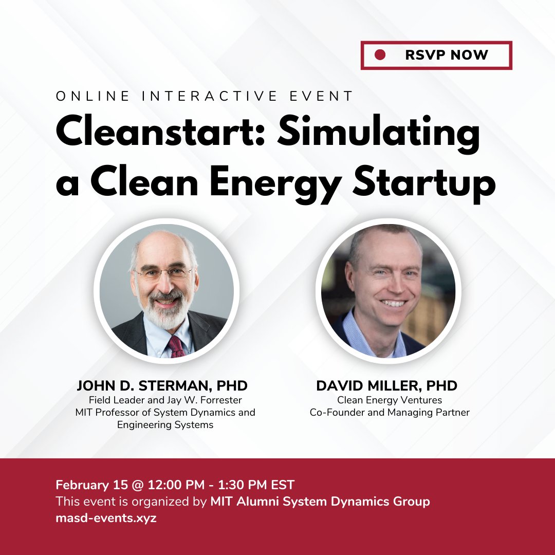 systemdynamics_'s tweet photo. 📣 FREE EVENT ▶️ You are invited to "Cleanstart: Simulating a Clean Energy Startup" with John Sterman of MIT and David Miller of Clean Energy Ventures.
 
📅 February 15 @ 12:00 PM - 1:30 PM EST
🔗 RSVP: https://t.co/e3Un9vbqdQ

#SystemDynamics #systemsthinking https://t.co/QgRL1dWhSX
