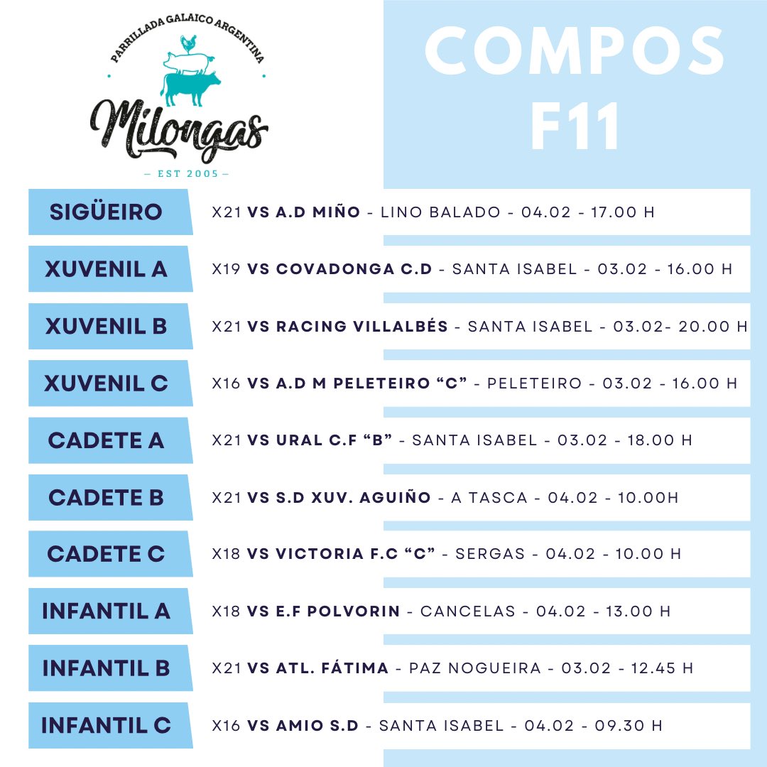 cantpicheleira's tweet photo. 𝑯𝑶𝑹𝑨𝑹𝑰𝑶𝑺 𝑪𝑨𝑵𝑻𝑬𝑰𝑹𝑨 𝑷𝑰𝑪𝑯𝑬𝑳𝑬𝑰𝑹𝑨 🩵🤍

📆 Novos encontros para a base da @SD_Compostela 

💪🏻Con nós @milongasparri

⚽️ Todos a xogar, agás o Alevín C!

#CanteiraPicheleira https://t.co/R1egmm0oAE