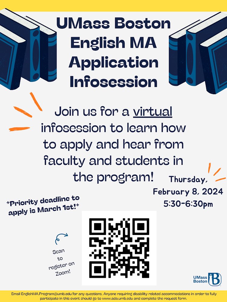 UMBEnglishMA's tweet photo. Interested in learning more about the English MA program here at UMass Boston? Join us virtually on Thursday, February 8th from 5:30-6:30pm to hear more about all our program has to offer and how to apply! https://t.co/p1OBdubu6c https://t.co/oPi44ZPai9