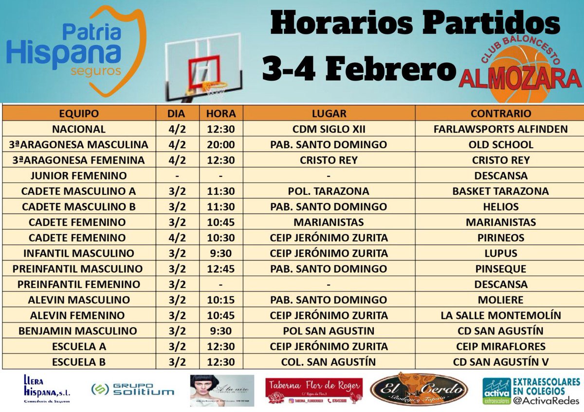 CBAlmozara's tweet photo. Horarios de los partidos del fin de semana 🏀🏀🏀@FabasketAragon @Iloveminibasket https://t.co/FMtAuNQQAW