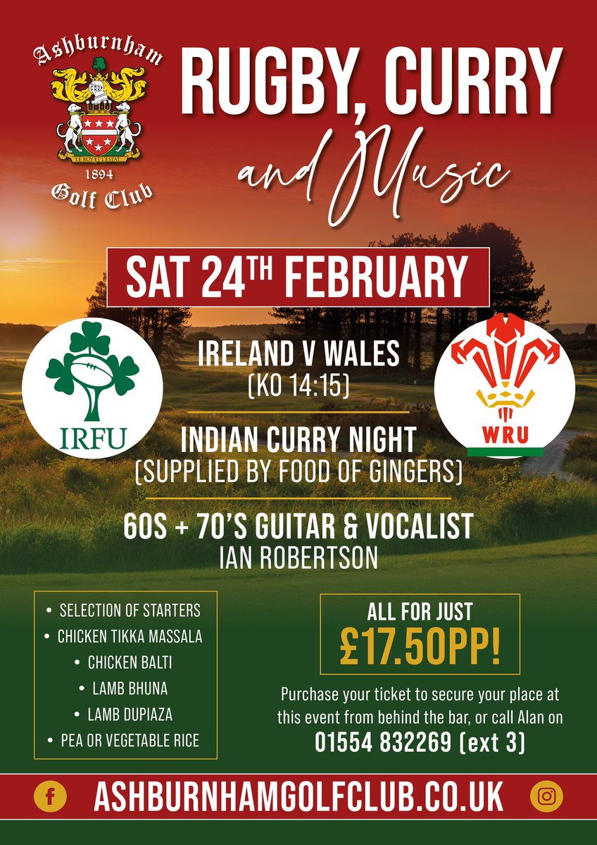 💥 RUGBY, CURRY &amp; LIVE MUSIC 💥

🏉 Live Rugby - Wales v Ireland (KO 14:15)
🍛 Indian Curry Night (Food of Gingers)
🎤 Live Music with Ian Robertson 

This event is open to members and non-members of the club. 

Secure your ticket NOW👇🏽

☎️ 01554 832269 (ext 3)