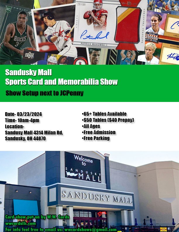 WWCards's tweet image. New Card Show Coming to Sandusky, Ohio. Saturday March 23rd 10am - 4pm
Vendor Set Up is 8am.
Tables are 8ft.

wwcardsllc.com/cards-show-sub…