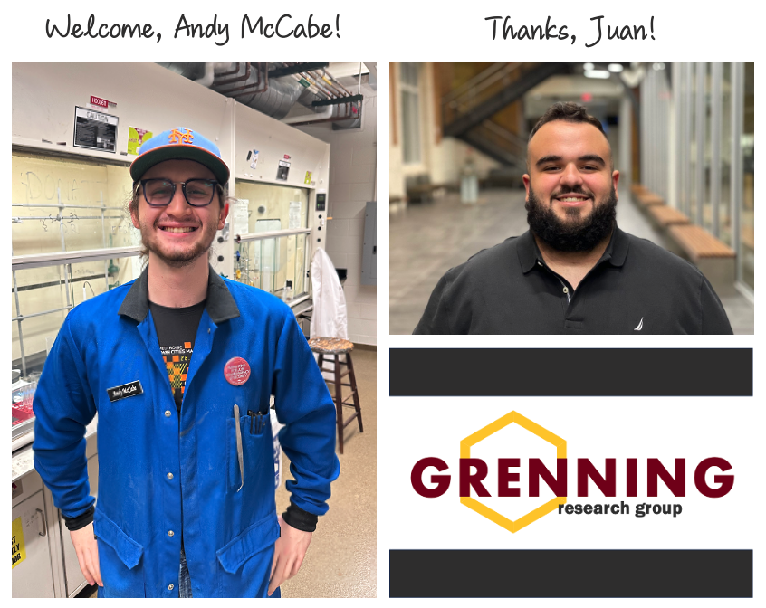 OChem_Grenning's tweet photo. A few #GrenningLab updates: I am excited to welcome Andy McCabe to the team! And thank you to Juan Sanfiel for giving our online presence a gold and maroon makeover! https://t.co/Tw5eMEFwiB https://t.co/Vrir5HDPpr