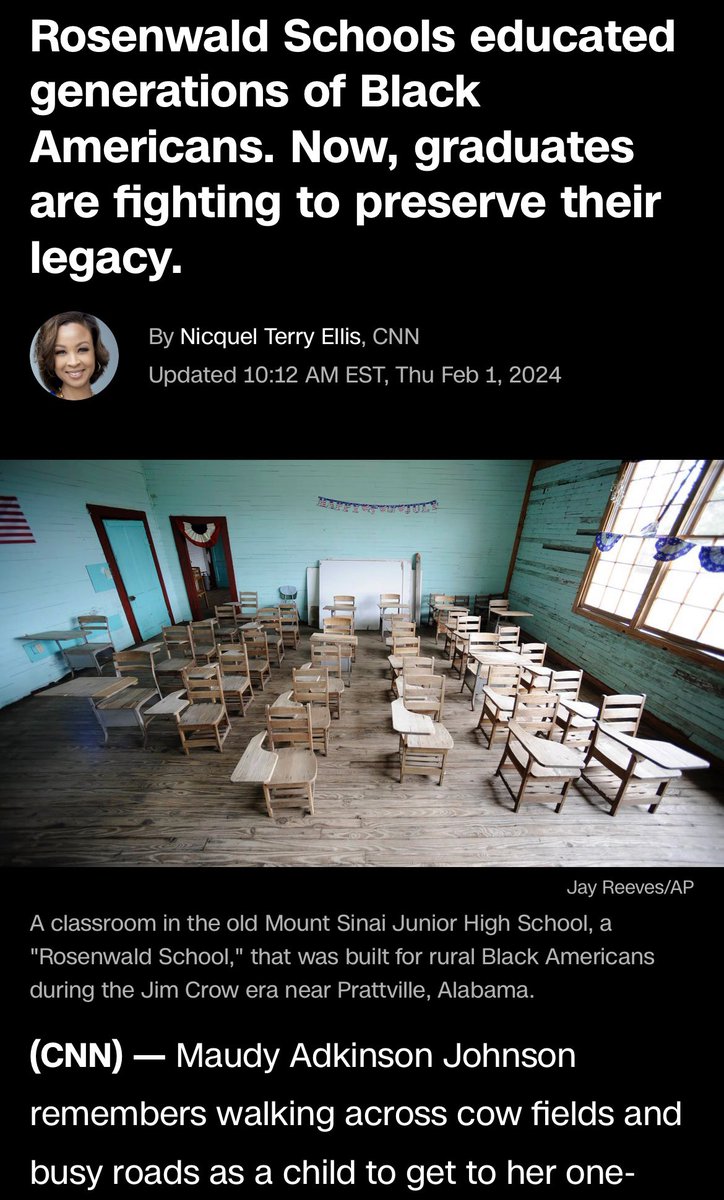 Happy Black History Month! As part of a series of stories from my team, I wrote about the Rosenwald Schools which educated generations of Black people in the rural south in the early 20th century. One schoolhouse in TN is currently being restored. cnn.com/2024/02/01/us/…