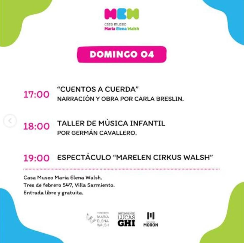 Homenajeamos a nuestra querida María Elena Walsh, acercándoles información de la <a href="/Fun_MariaEWalsh/">Fundacion Maria Elena Walsh ok</a> HOY abre en su casa natal un poético y bello espacio cultural divulgando su vida y obra, con actividades el fin de semana. 3 de febrero 547, Villa Sarmiento, Morón. Entrada gratuita.