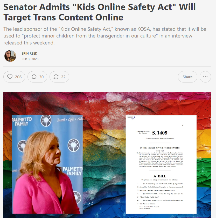 ErinInTheMorn's tweet photo. Since KOSA, the "Kids Online Safety Act," is trending - I want to repost my news break I did on this topic last year, with Senator Marsha Blackburn admitting KOSA will target transgender content online and is part of the reason she brought the bill. https://t.co/TYlVj5sCdw
