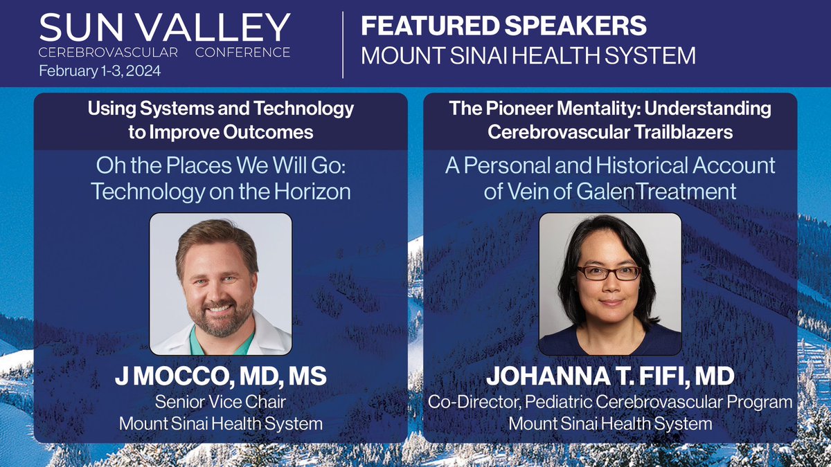 Mount Sinai Neurosurgery (@mountsinaineuro) on Twitter photo We're thrilled that our Cerebrovascular leaders <a href="/JMoccoMD/">J Mocco, MD, MS</a> & <a href="/johannatfifi/">Johanna T. Fifi, MD</a> are featured speakers at <a href="/SunValleyCVConf/">Sun Valley Cerebrovascular Conference</a>! Dr Mocco will discuss tech advancements & Dr Fifi Vein of Galen Malformation. #svcc2024 <a href="/svinsociety/">SVIN</a> <a href="/StLukesHealth/">St. Luke's Health System</a> #stroke #vogm <a href="/neurosurgery/">Neurosurgery</a> <a href="/MountSinaiNeuro/">Mount Sinai Neurosurgery</a> We're thrilled that our Cerebrovascular leaders <a href="/JMoccoMD/">J Mocco, MD, MS</a> & <a href="/johannatfifi/">Johanna T. Fifi, MD</a> are featured speakers at <a href="/SunValleyCVConf/">Sun Valley Cerebrovascular Conference</a>! Dr Mocco will discuss tech advancements & Dr Fifi Vein of Galen Malformation. #svcc2024 <a href="/svinsociety/">SVIN</a> <a href="/StLukesHealth/">St. Luke's Health System</a> #stroke #vogm <a href="/neurosurgery/">Neurosurgery</a> <a href="/MountSinaiNeuro/">Mount Sinai Neurosurgery</a>