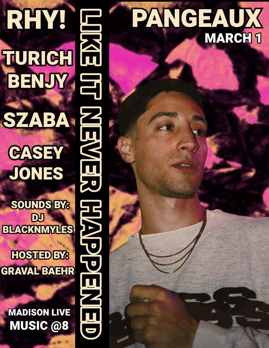 Crazy show I helped put together, and I’m very excited to host! @Rhydakiid presents “LIKE IT NEVER HAPPENED” album release show feat. @turichbenjy x @_Szaba x @pangeaux x @lecaseyjones tickets: ticketmaster.com/event/1600603F…