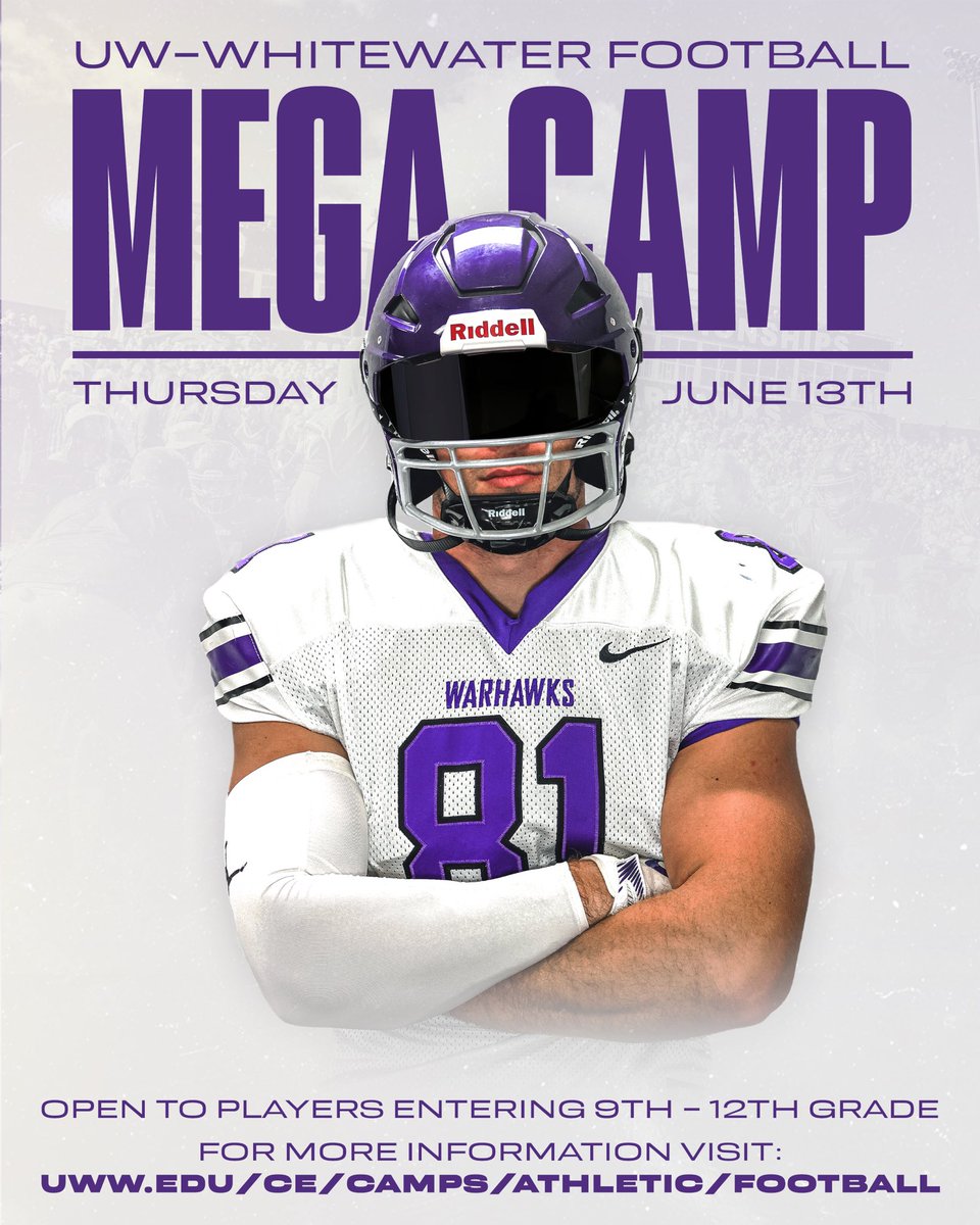 🚨 UW-Whitewater Football Mega Camp 🗓️ June 13th 🏈 Schools from the Power 5, Group 5, FCS, D2, and D3 levels have already committed to be there! ⌨️ Sign-up today: uww.edu/ce/camps/athle… Don’t miss your chance to compete!