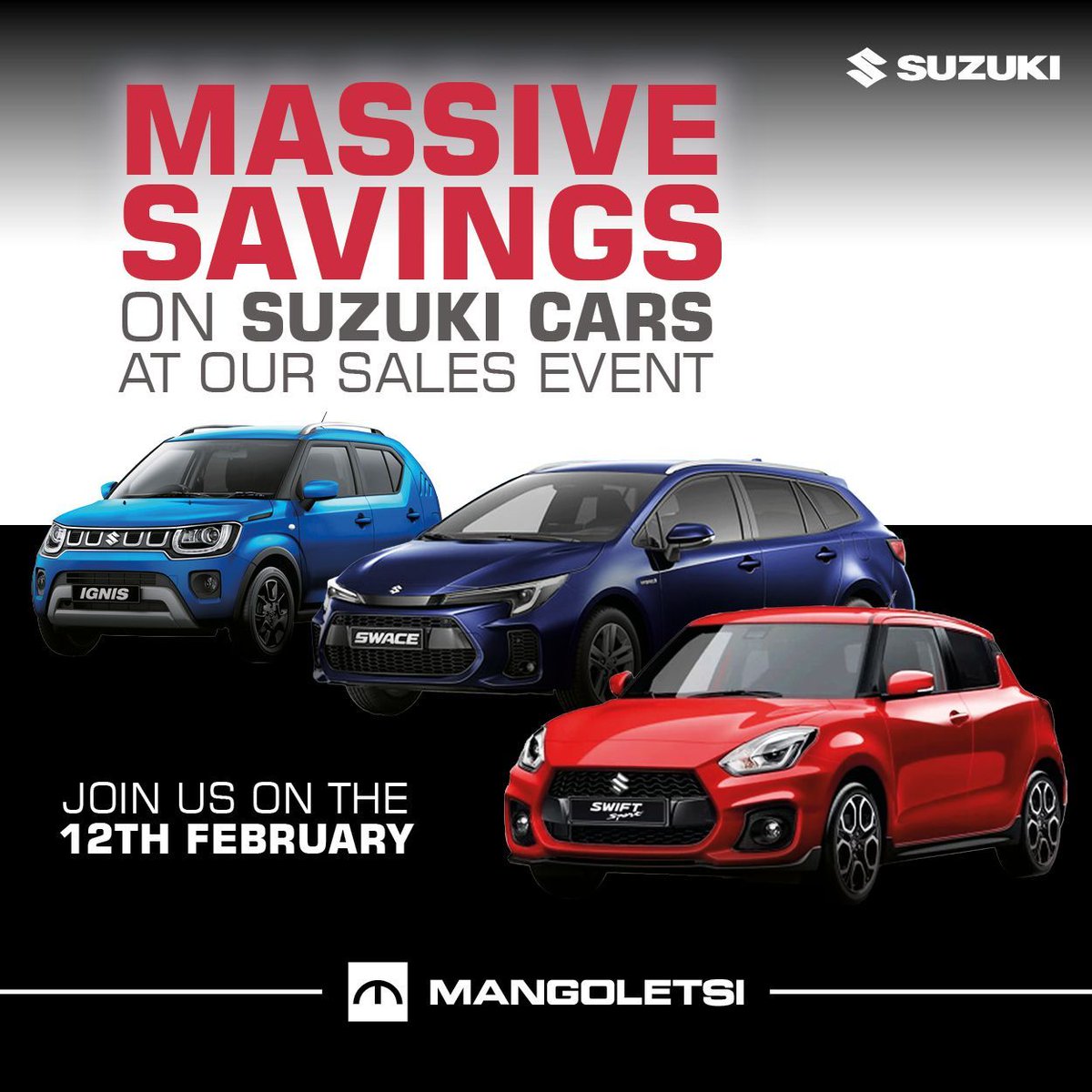 Mangoletsi's tweet photo. Don't miss our Suzuki sales event!

Huge savings and driving deals across the range, make a date in your diary for the 12th February.

#suzukicars #ignis #vitara #swace #scross #knutsford #cheshire https://t.co/0hATJwyxVW