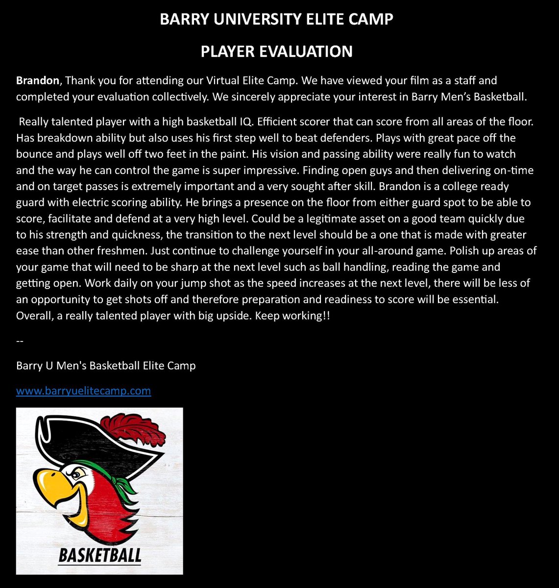 Enjoyed the camp Barry University and thanks for the evaluation.
<a href="/BarryUMBB/">BarryU Men’s Basketball</a> @ButchEstes1 <a href="/CoachT_Thayer/">Tyler Thayer</a> 
<a href="/PrepHoopsNext/">Prep Hoops 𝙉𝙀𝙓𝙏 🏀</a> <a href="/ExpoHoops/">Expo Hoops</a> @1percentATH 
<a href="/raj_manjrekar/">🏈🏀🎾Highlight_TheAthlete ⚾️🥎⚽️</a> <a href="/WorldSMASH2/">World S.M.A.S.H.</a> <a href="/GDPsports/">Gwinnett Daily Post</a> 
<a href="/nlevelsports/">Next Level Sports</a> <a href="/TeamSmashBlue24/">TeamSmashBlue2024</a> <a href="/NCSAmbb/">NCSA Men's Basketball</a> 
<a href="/CoachFordNCSA/">Darin Ford | Get Recruited | NCSA Men's Basketball</a> <a href="/nxt1sports/">NXT 1</a>