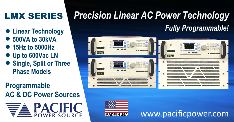 Meet our extensive line of Linear Programmable AC Power Source, the LMX Series. Precision power with low voltage distortion, high frequency range and intuitive color touch screen user interface. Available at power levels from 500VA to 6000VA per unit or 30kVA using paralleling.