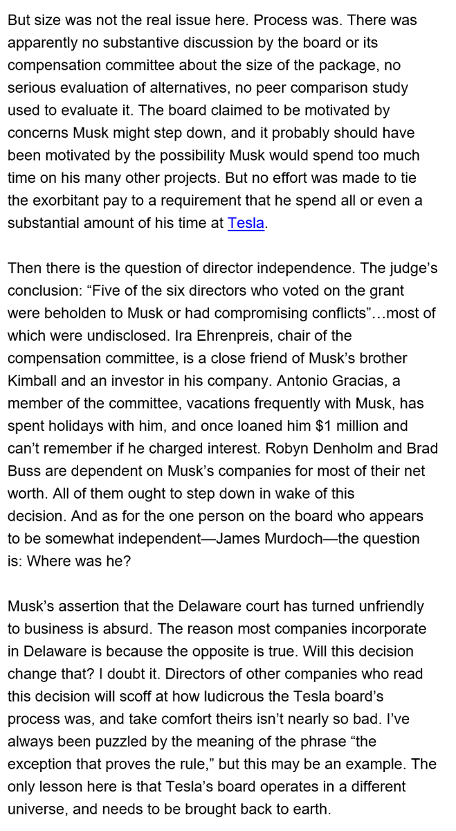 .@alansmurray says it is absurd to blame Delaware for being unfriendly to @elonmusk on his $56B pay package. Directors were severely conflicted...'will scoff at how ludicrous the Tesla board’s process was, and take comfort theirs isn’t nearly so bad'. fortune.com/2024/02/01/elo…