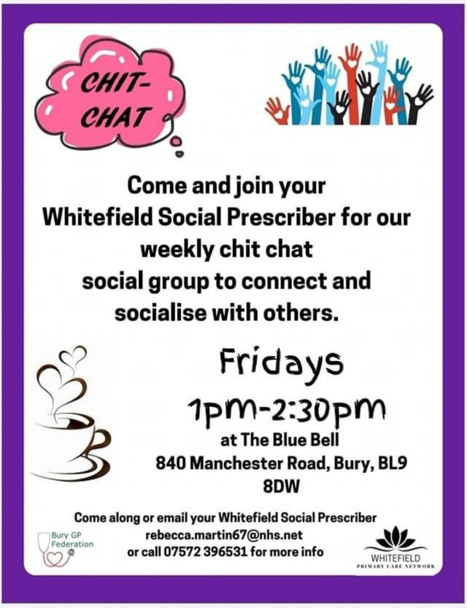 RebeccaM2381's tweet image. Why not come along to our weekly chit chat group tomorrow. We are there every Friday. #socialprescribing #social @LoveWhitefield @and_unsworth @Bury_Gp_Fed
