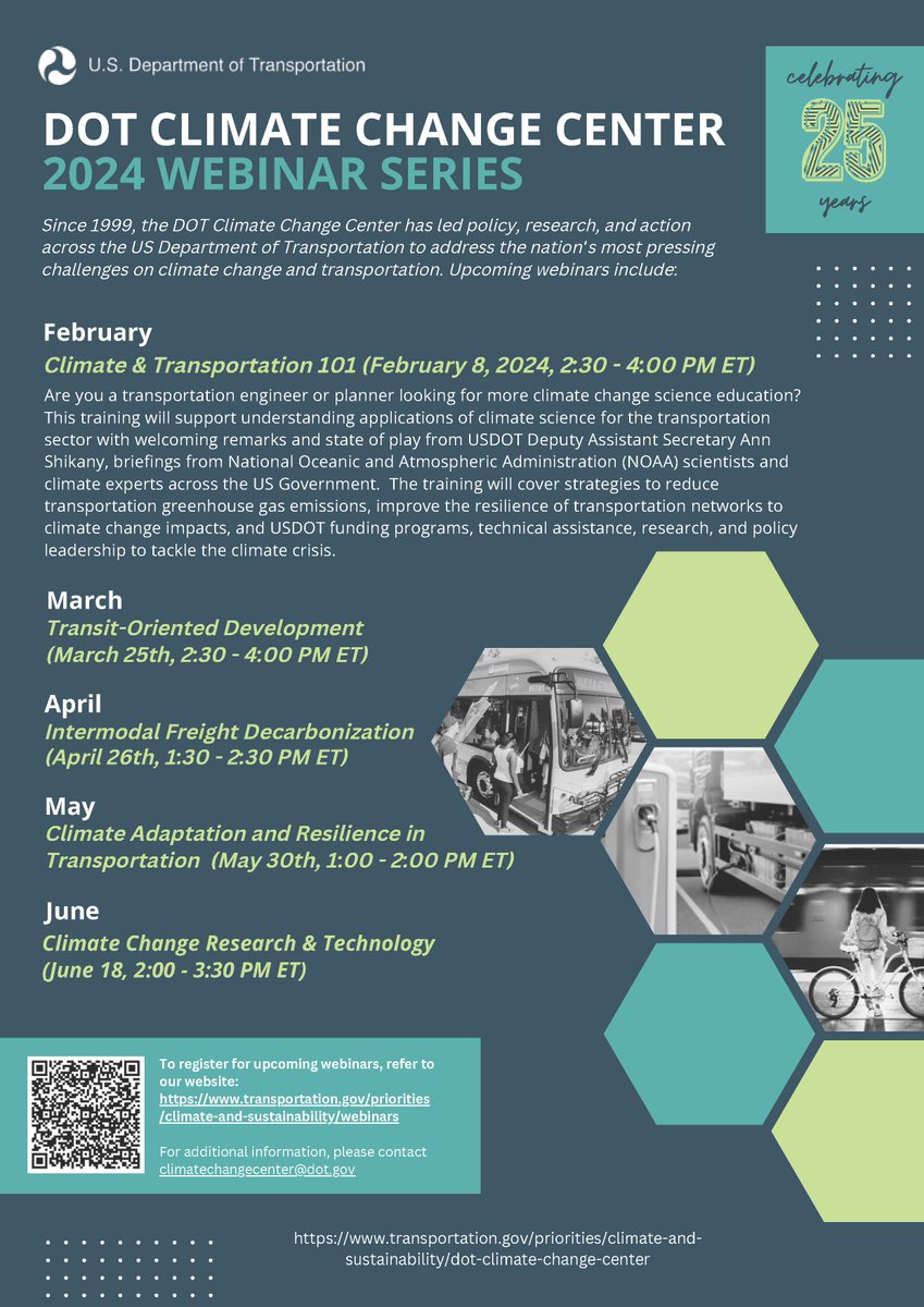 Join the @USDOT Climate Change Center for our webinar series covering key climate and transportation topics. First Up: Climate & Transportation 101: Featuring @USDOT and @NOAA experts. February 8. 2:30-4pmET. Register here: transportation.gov/priorities/cli…