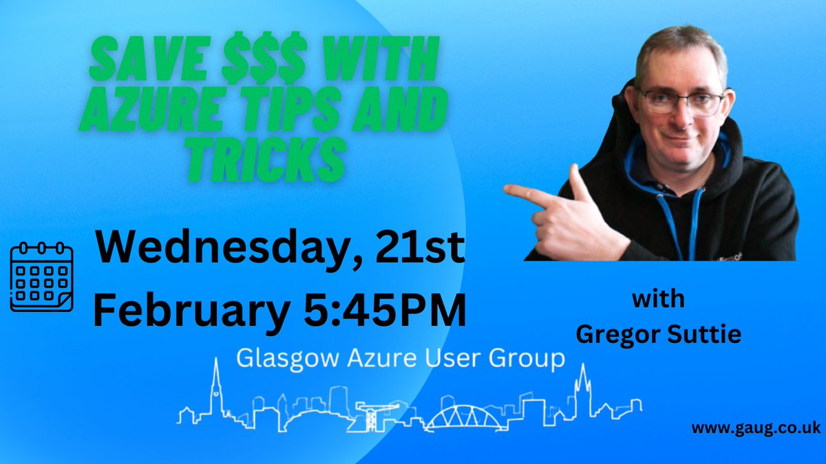 Join us on February 21st when Gregor Suttie will present a session called "Save $$$ with Azure Tips and Tricks"  

Grab your free ticket today:
eventbrite.com/e/glasgow-azur…