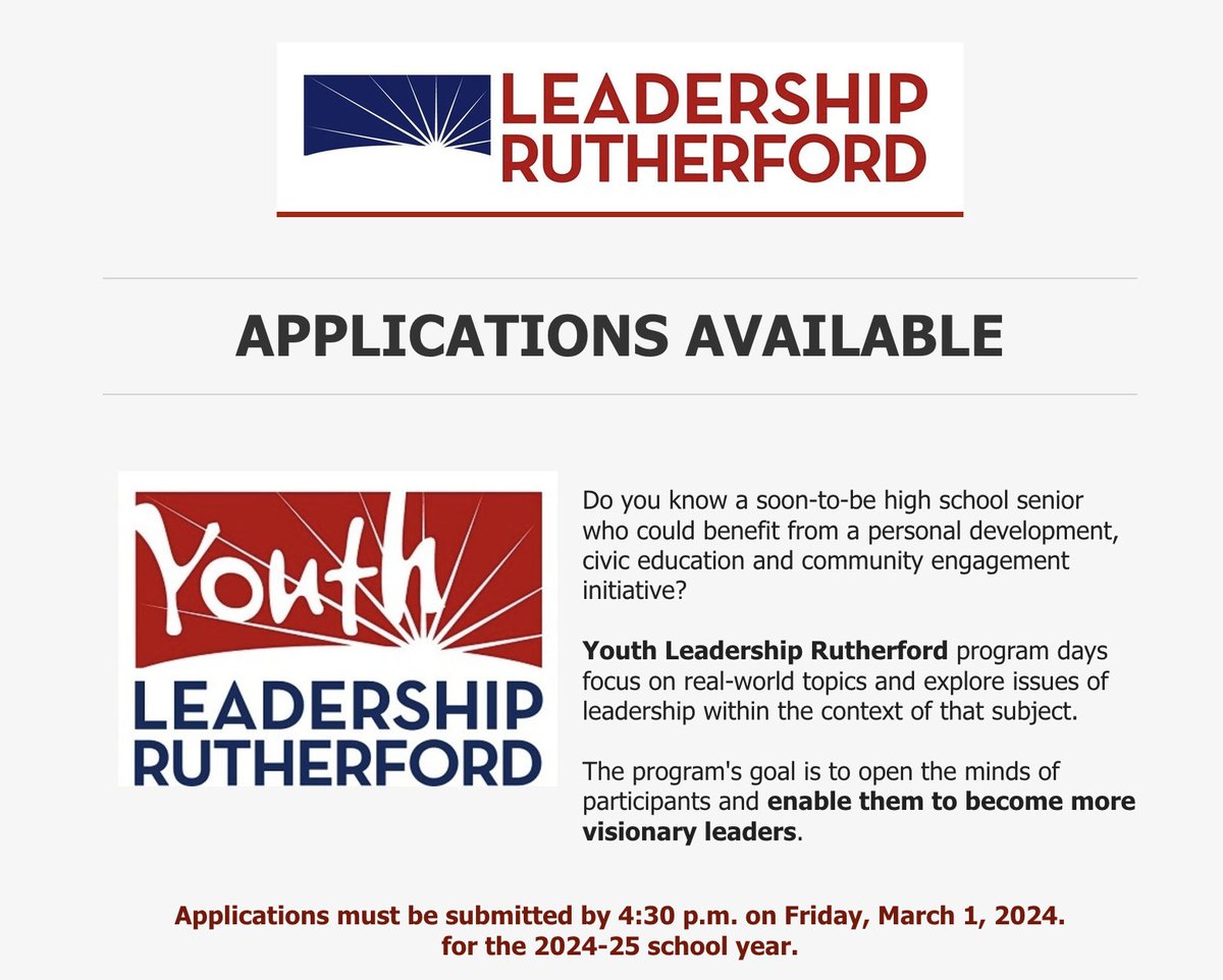 👇Click the link below for your application for Youth Leadership Rutherford! March 1st is the deadline.
rutherfordchamber.org/youth-leadersh…
<a href="/BlazeCounseling/">Blackman Counseling</a> <a href="/bhs_smith/">Justin Smith</a> <a href="/rucochamber/">Rutherford Chamber</a>