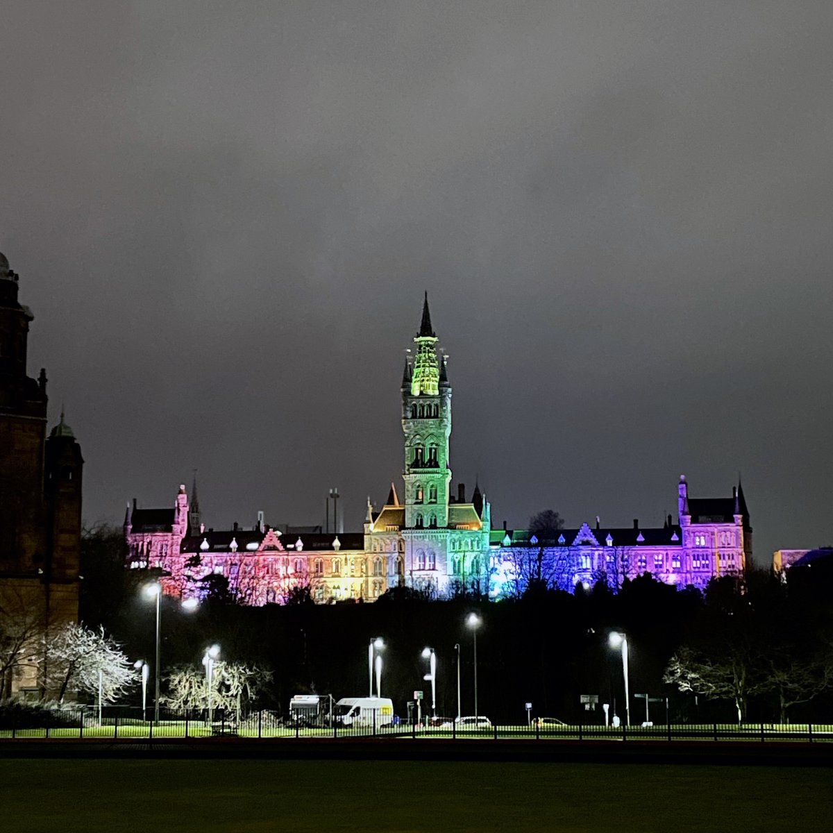 The UofG Gilbert Scott building is illuminated in rainbow colours to mark the start of LGBTQ+ History Month. 🏳️‍🌈 #OneTeamUofG The building will be lit up until Thursday 8 Feb. #LGBTQHM aims to educate people about the history of the LGBTQ+ rights movement & to promote equality.
