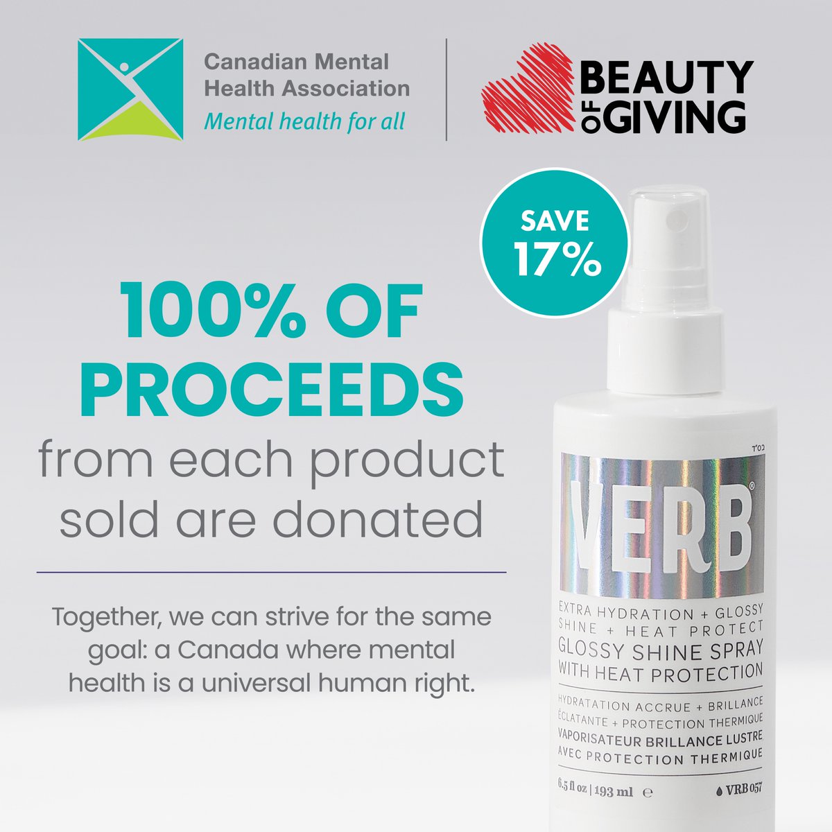 Your support will make a difference! Save 17% on <a href="/verb/">verb</a>'s Glossy Shine Spray this month. All proceeds from each bottle sold are donated to <a href="/CMHA_NTL/">CMHA National</a>