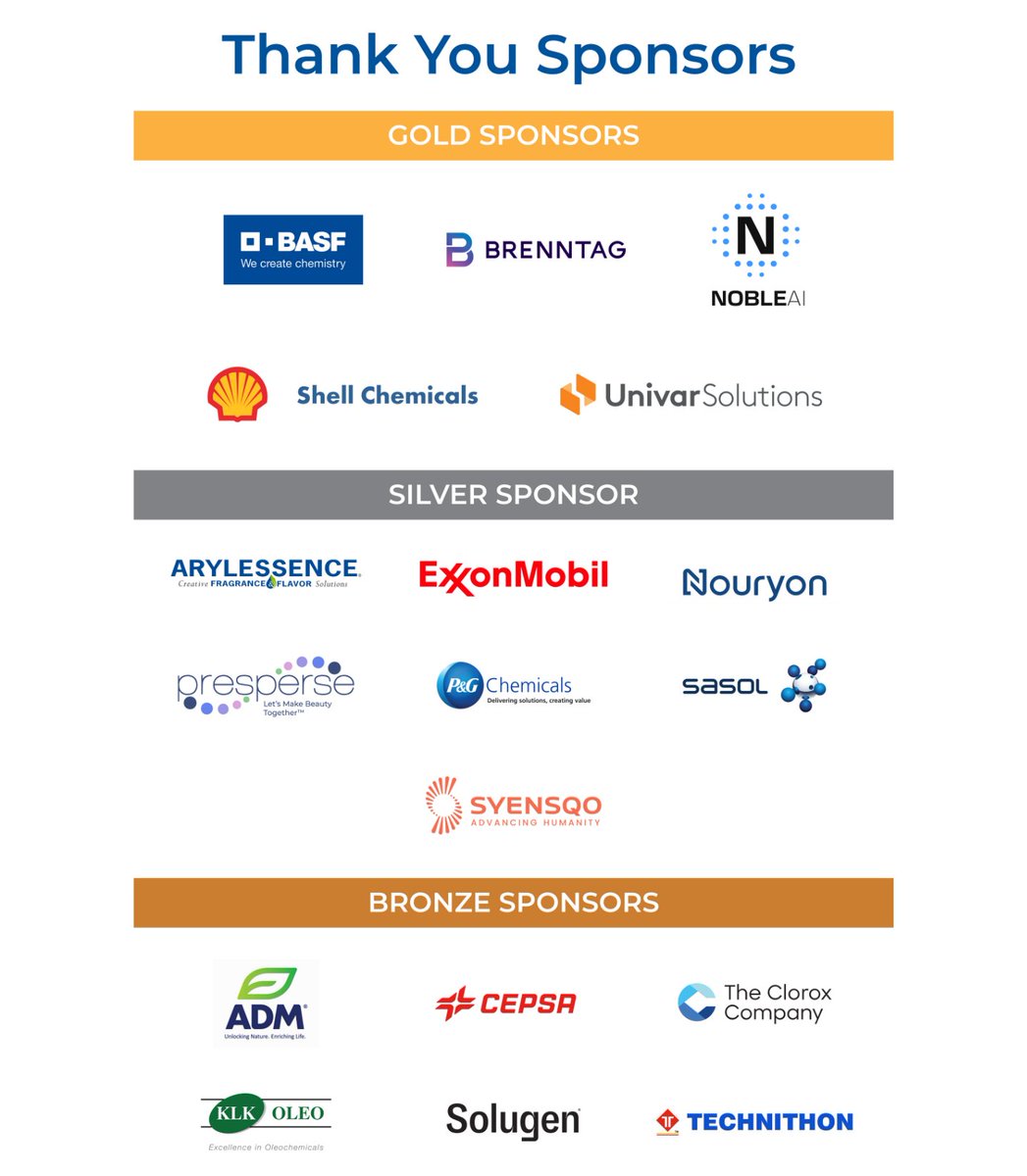 Thank you to ACI event sponsors! #2024ACI

@BASF, @Brenntag, @NobleAIofficial, @Shell, @UnivarSolutions , @Arylessence, @XOM_Chemical, @Nouryon, Presperse, @ProcterGamble, @Sasol, @syensqo, @ADMupdates, @Cepsa, @Clorox, KLK OLEO, @solugen, and Technithon.