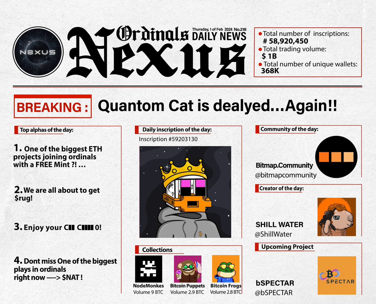 BREAKING NEWS‼️: 

<a href="/quantumcats/"></a> Launch is dealyed - again! 😤

-One of the biggest ETH projects  joining ordinals ecosystem , it will be limited supply + free mint😱….

- We are all going to get rugged! 😵‍💫

- Enjoy your C██ C████  🤫

- $NAT , the next 100x play in the