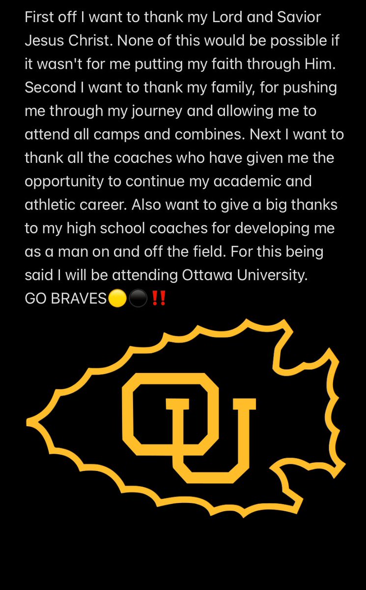 Luke Edwards ✟ (@ledwards_4) on Twitter photo Blessed to announce my commitment to Ottawa University‼️ AG2G
<a href="/OttawaBravesFB/">Ottawa Braves Football</a> <a href="/CoachHayward/">Zack Hayward</a> <a href="/PrepRedzoneKS/">Prep Redzone Kansas</a> <a href="/KansasPregame/">Kansas Pregame</a>
<a href="/Coach_CAnderson/">Coach CA</a> <a href="/CoachNickDavis/">Nick Davis</a> <a href="/sportsinkansas/">Sports in Kansas</a> <a href="/6starfootballKS/">Six Star Football | KANSAS</a> Blessed to announce my commitment to Ottawa University‼️ AG2G
<a href="/OttawaBravesFB/">Ottawa Braves Football</a> <a href="/CoachHayward/">Zack Hayward</a> <a href="/PrepRedzoneKS/">Prep Redzone Kansas</a> <a href="/KansasPregame/">Kansas Pregame</a>
<a href="/Coach_CAnderson/">Coach CA</a> <a href="/CoachNickDavis/">Nick Davis</a> <a href="/sportsinkansas/">Sports in Kansas</a> <a href="/6starfootballKS/">Six Star Football | KANSAS</a>