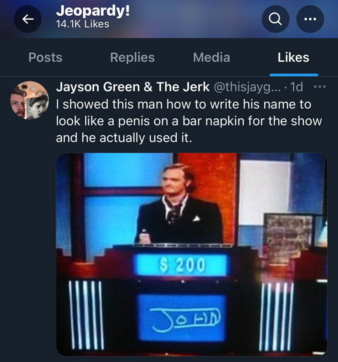 fam we got @Jeopardy back on Twitter for the first time since November to like a dick joke