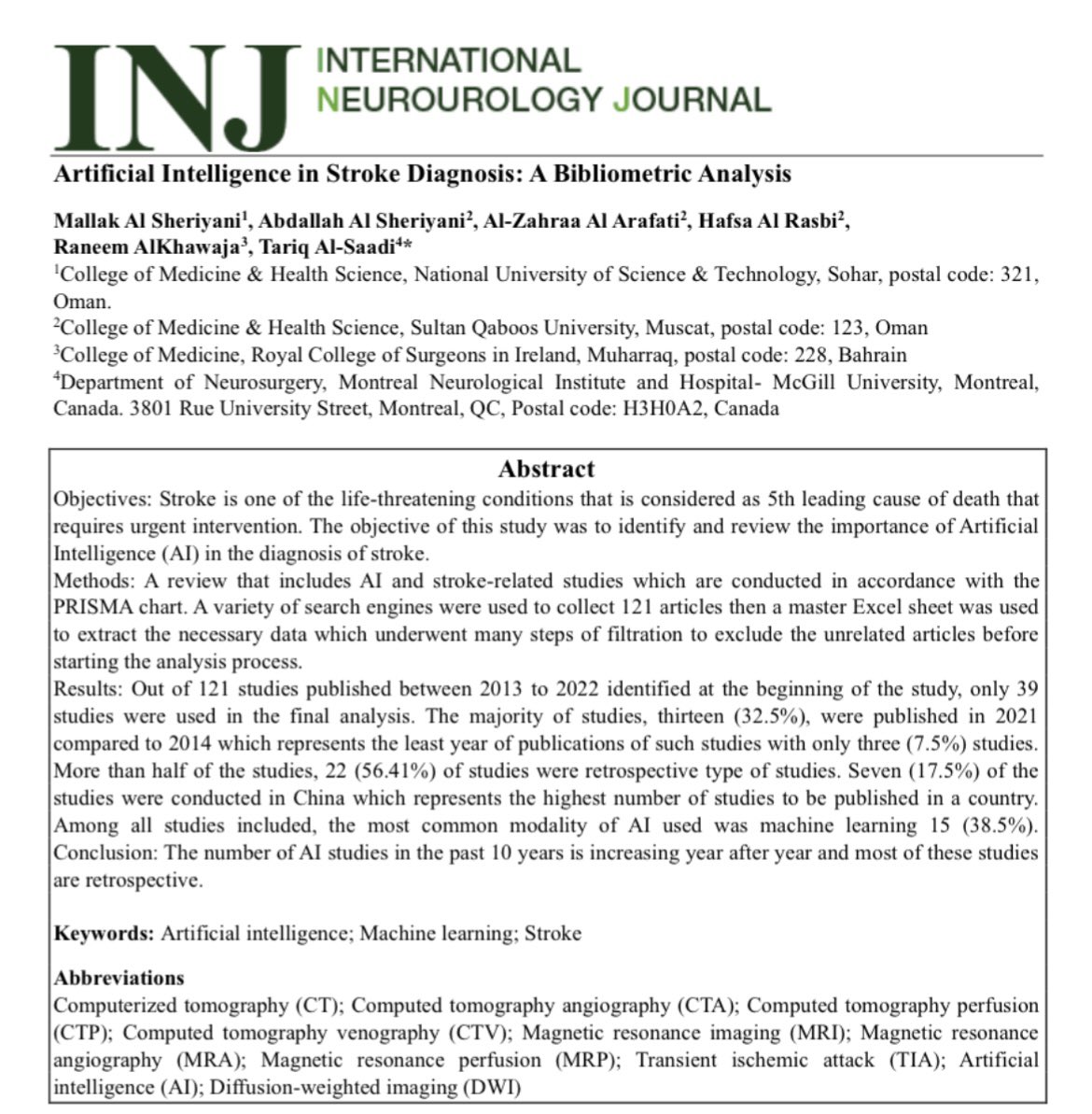 tariq_dh's tweet photo. Our new paper 📑:
Artificial Intelligence in Stroke Diagnosis: A Bibliometric Analysis.

Thanks to the team: 👏🏽👏🏽
@7fs1_, Mallak, Abdullah, Al-Zahra, Hafsa and Raneem.

https://t.co/VOjKBCCQbz

#MedTwitter #neuroscience #Neurosurgery #AI https://t.co/lwourSZwEb