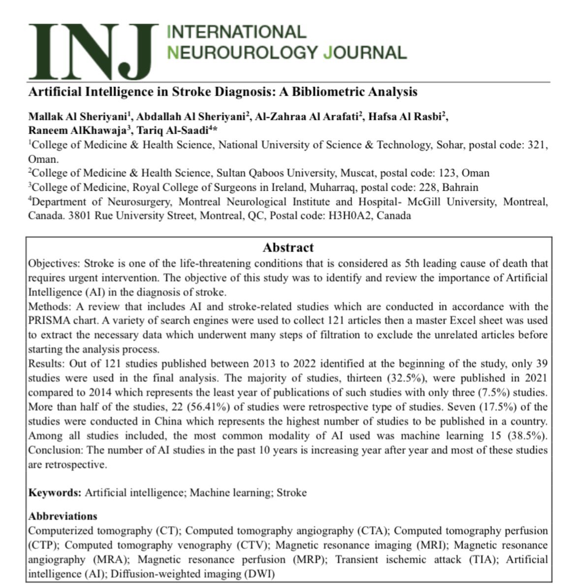 Our new paper 📑: Artificial Intelligence in Stroke Diagnosis: A Bibliometric Analysis. Thanks to the team: 👏🏽👏🏽 @7fs1_, Mallak, Abdullah, Al-Zahra, Hafsa and Raneem. einj.net/index.php/INJ/… #MedTwitter #neuroscience #Neurosurgery #AI