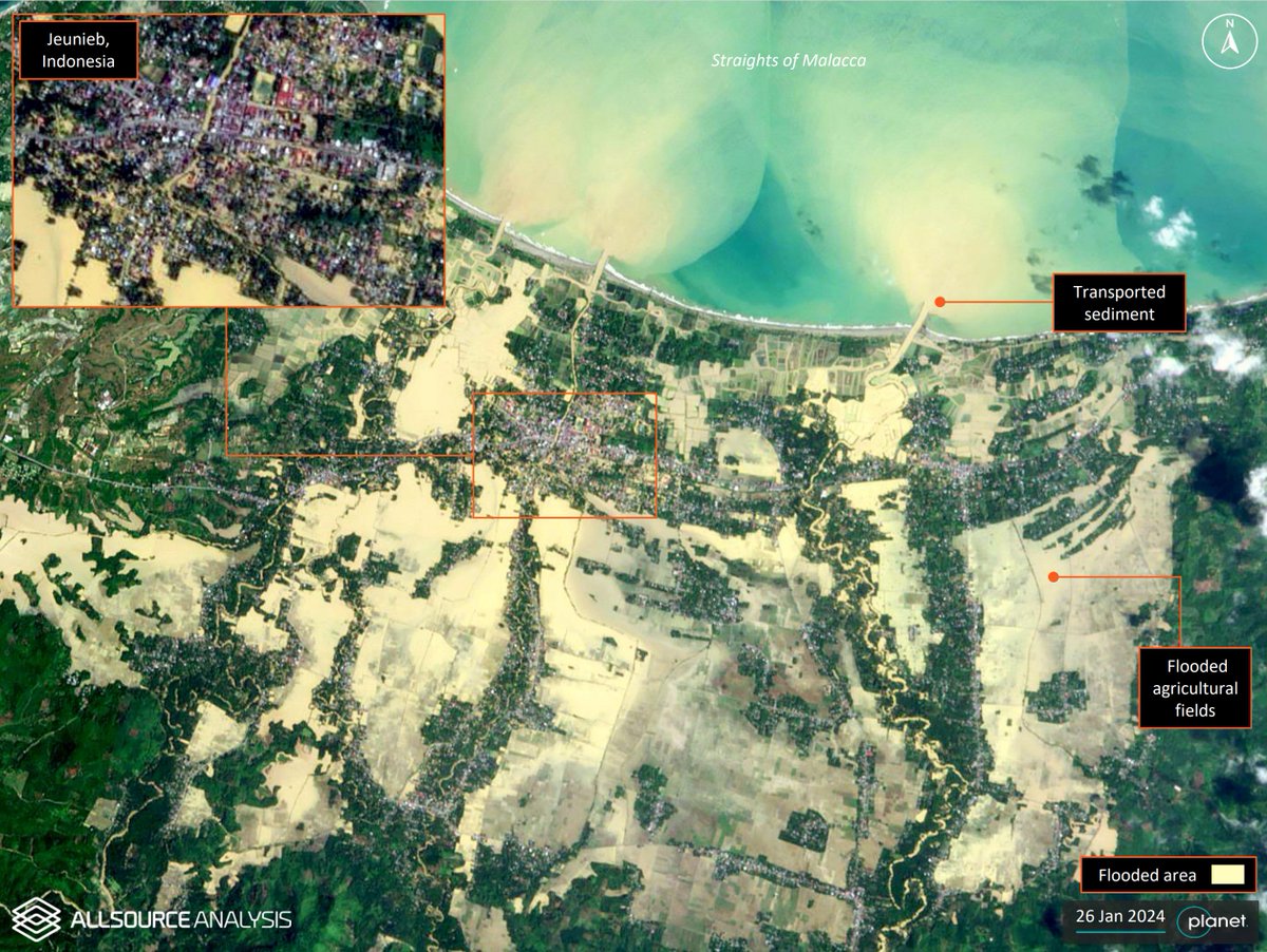 GEOINT analysis from 26 January 2024 shows a severely flooded area near Jeunieb, Indonesia. bit.ly/2oeCGCj #GEOINT #Indonesia #Flooding #GlobalEmergencyMonitoring