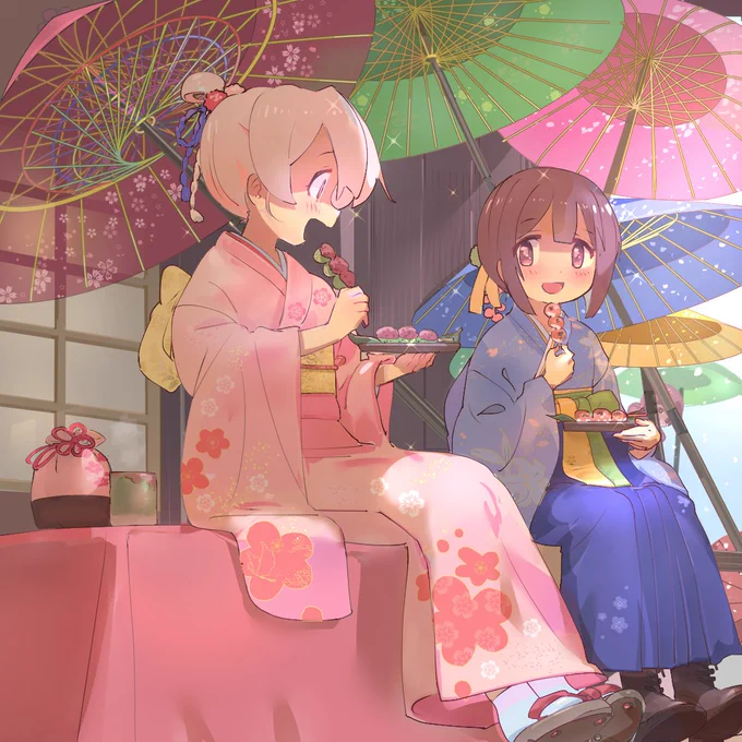 花より団子のまひろちゃん だけど、もみじちゃんは団子より、まひろちゃんに目を奪われてます…  #おにまいお絵描き