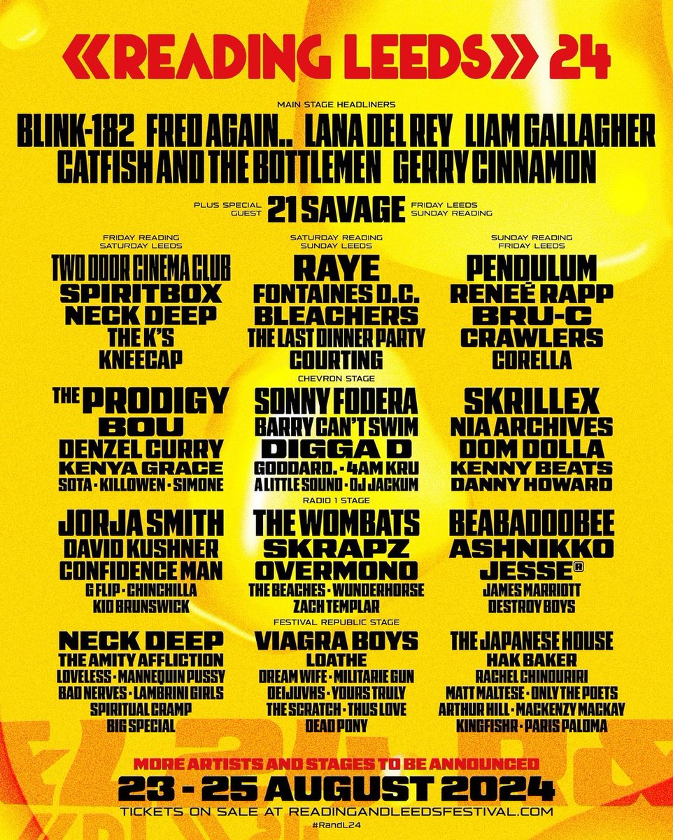 Se acaba de revelar el Line Up del #RandL24 🇬🇧 donde blink-182 es uno de los principales Headliners del Festival

📅 Viernes 23 de agosto | Reading 
📅 Sábado 24 de agosto | Leeds