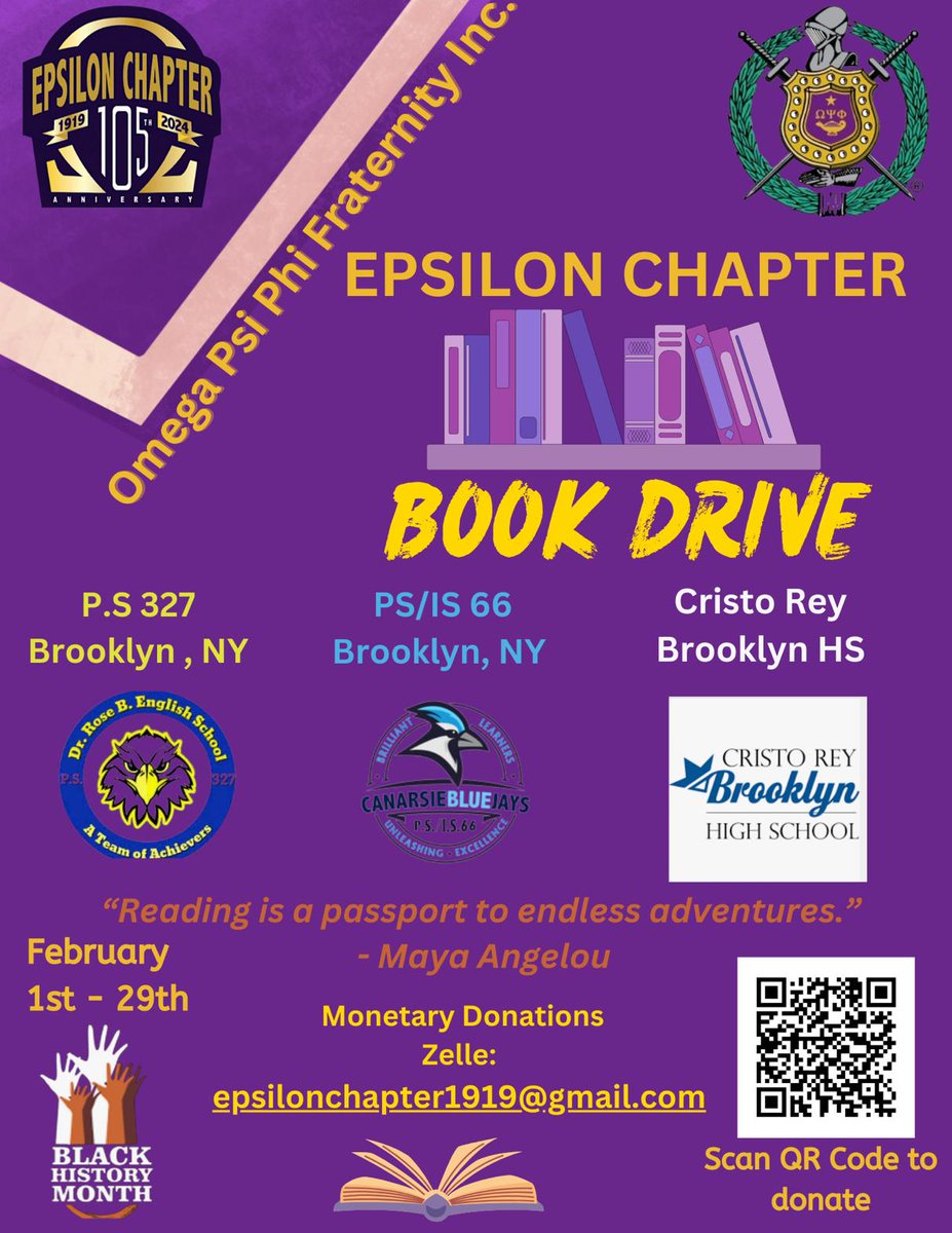 Clyde Cole (@oldkingcole620) on Twitter photo Celebrate #BlackHistoryMonth with <a href="/EpsilonQues/">The Mighty Epsilon Chapter</a> by donating to our book drive!
Scan the QR code, go to our Amazon Wish List, and buy the books you like!
The books come directly to us and we'll deliver them to 3 schools in Brooklyn next month! Celebrate #BlackHistoryMonth with <a href="/EpsilonQues/">The Mighty Epsilon Chapter</a> by donating to our book drive!
Scan the QR code, go to our Amazon Wish List, and buy the books you like!
The books come directly to us and we'll deliver them to 3 schools in Brooklyn next month!